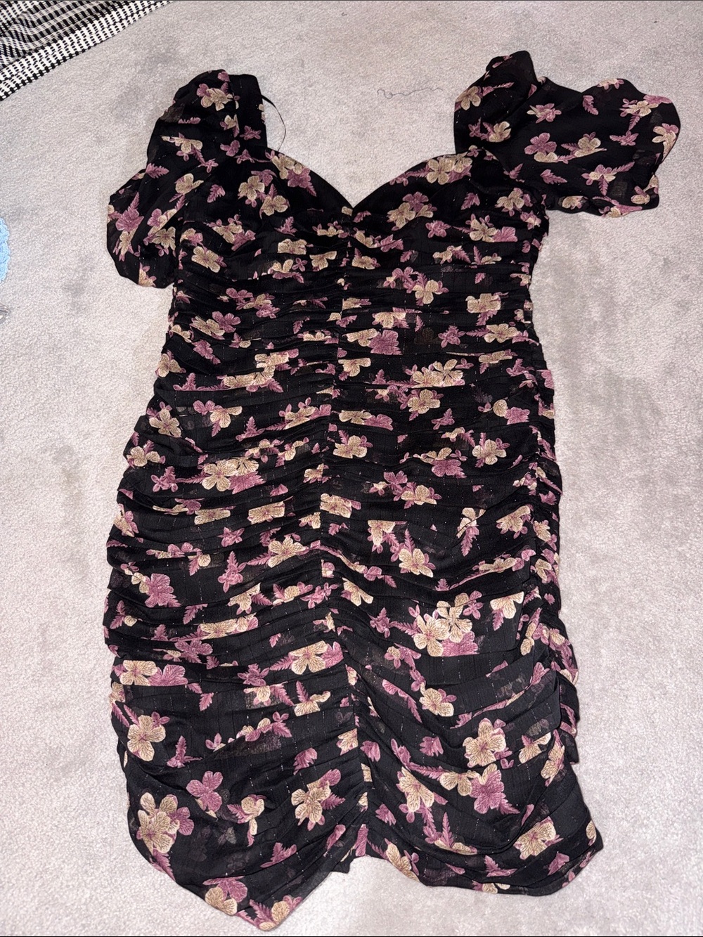 Floral Ruched Mini Dress with Puff Sleeves - Black with Pink & Cream Flowers